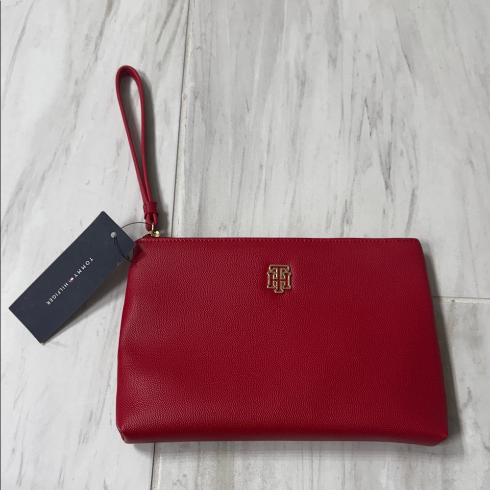 Tommy Hilfiger Red Leather Wristlet with Gold Logo